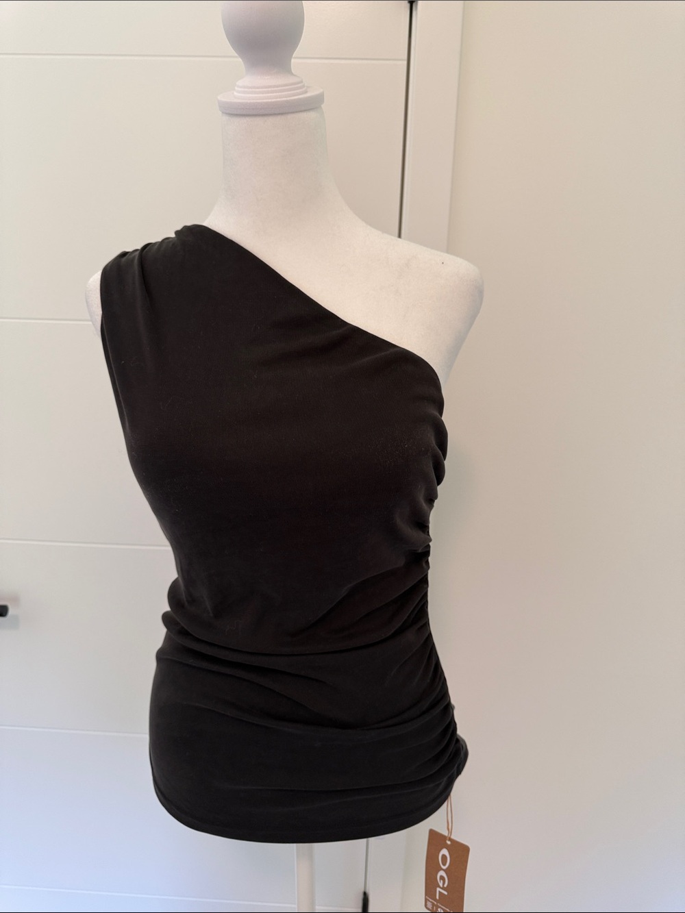 OGL One-Shoulder Black Ruched Tank Top
